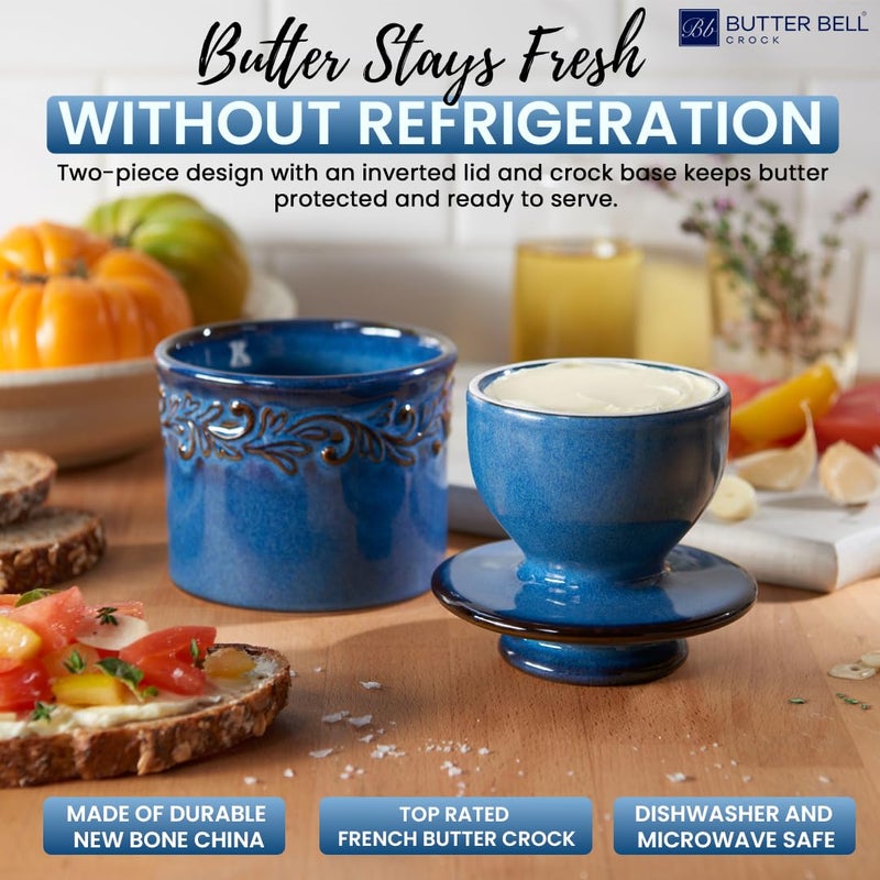 Butter Bell - The Original Butter Bell crock by L Tremain, a Countertop French Ceramic Butter Dish Keeper for Spreadable Butter, Antique Collection, Denim Blue (Reactive Glaze) - Image 2